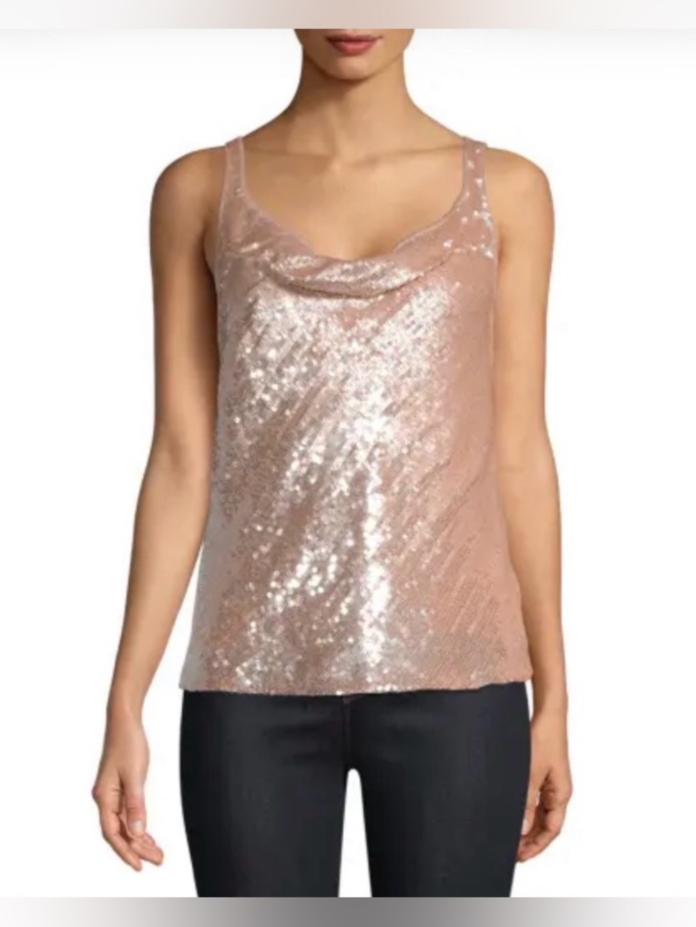 Parker Rose Gold Champagne Sequin Cowl Neck Tank Cami Party Top Size XS